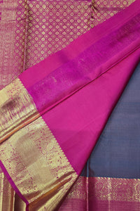 Charcoal black Kanchipuram Silk Saree with Reddish Pink Pallu – Subtle & Elegant