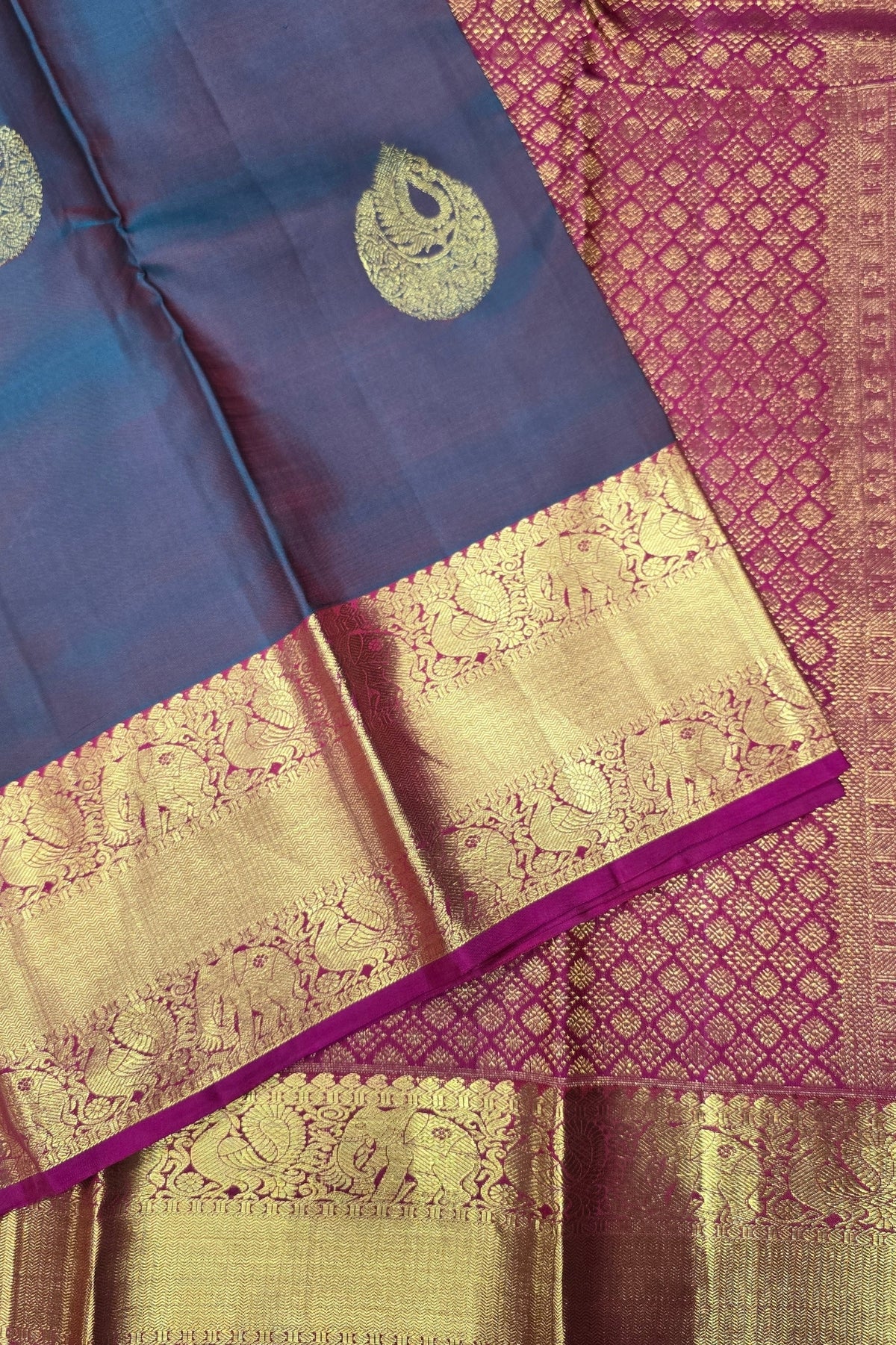 Charcoal black Kanchipuram Silk Saree with Reddish Pink Pallu – Subtle & Elegant