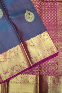 Charcoal black Kanchipuram Silk Saree with Reddish Pink Pallu – Subtle & Elegant