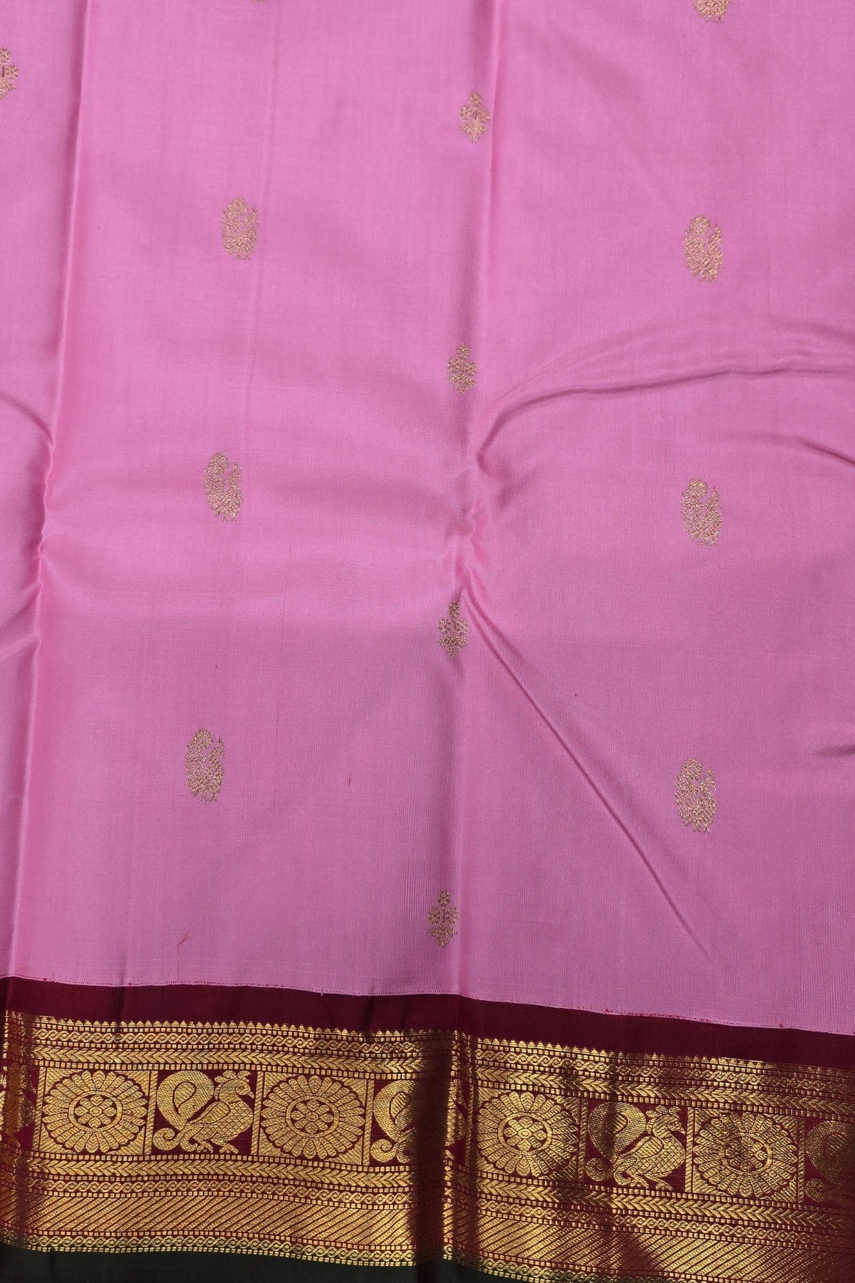Thulian Pink Kanchipuram Silk Saree with Maroon Border – Charming & Graceful