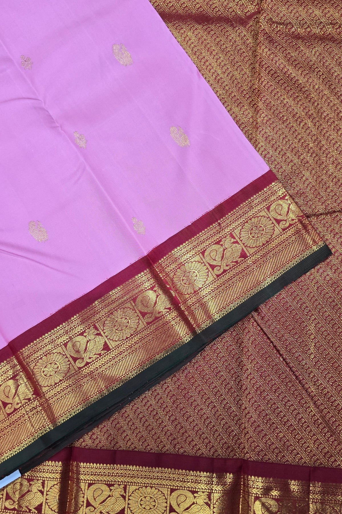 Thulian Pink Kanchipuram Silk Saree with Maroon Border – Charming & Graceful