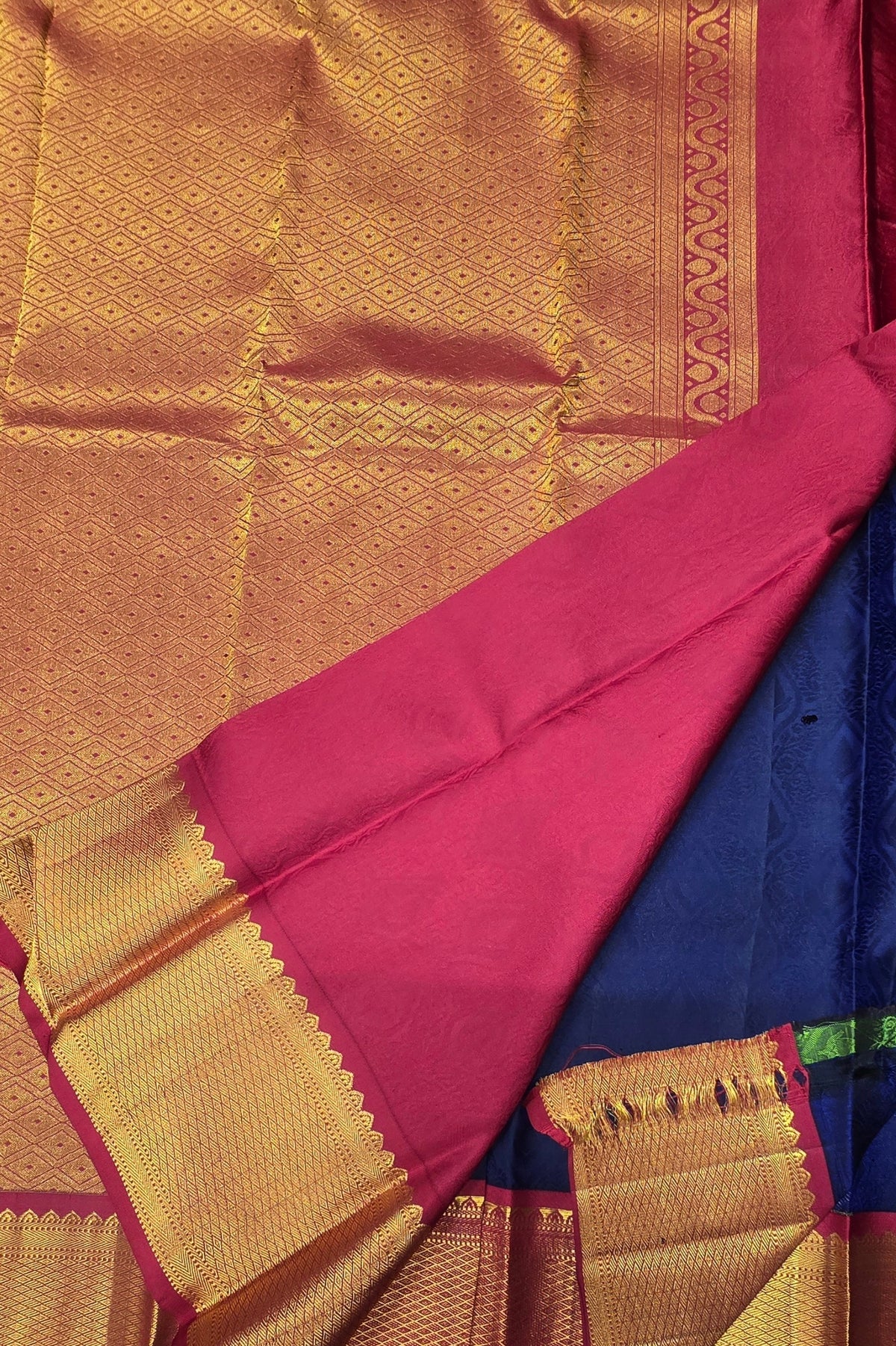 Blue Kanchipuram Silk Saree with Pink Border – Bright & Traditional
