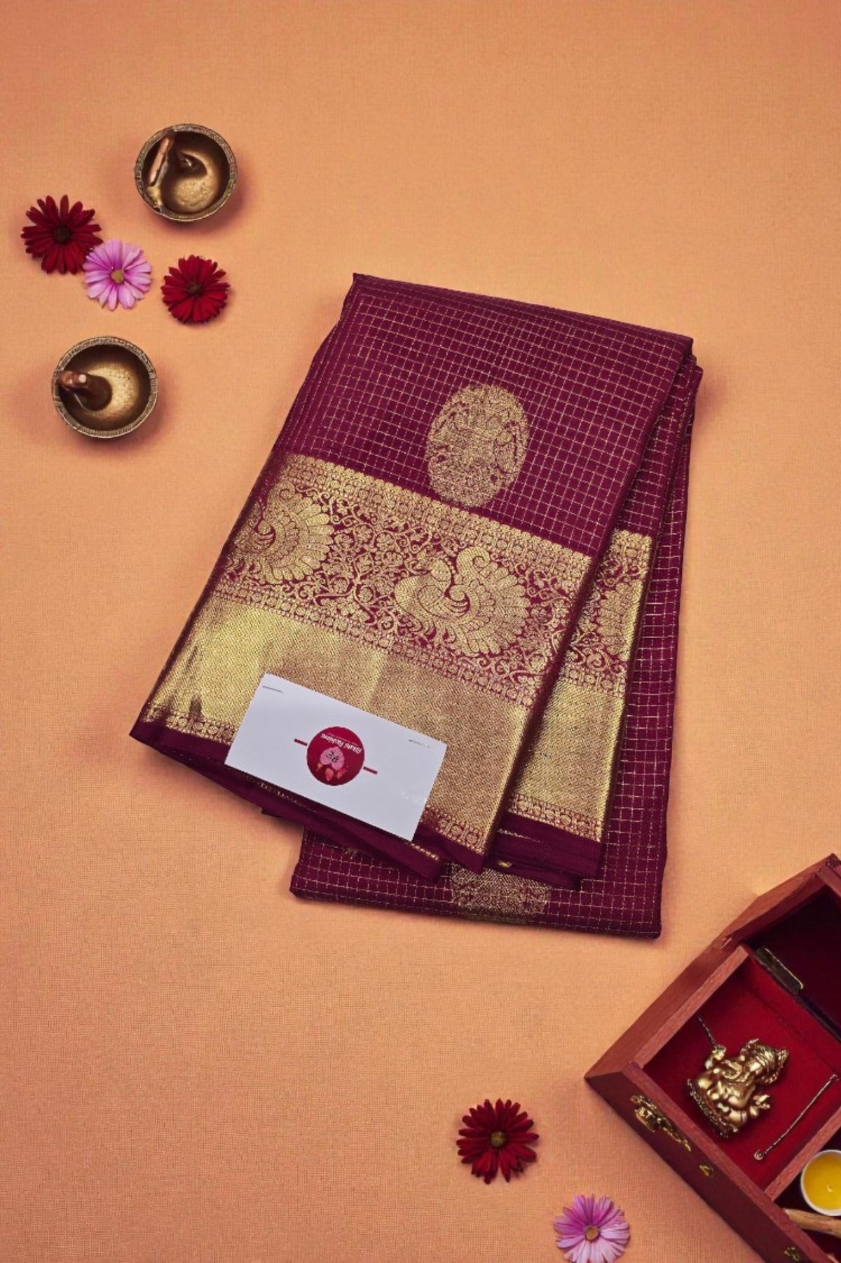Dark Scarlet Checked Kanchipuram Silk Saree – Bold & Traditional