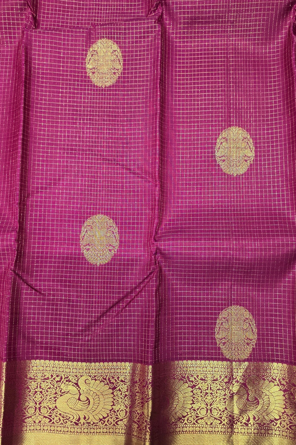 Dark Scarlet Checked Kanchipuram Silk Saree – Bold & Traditional