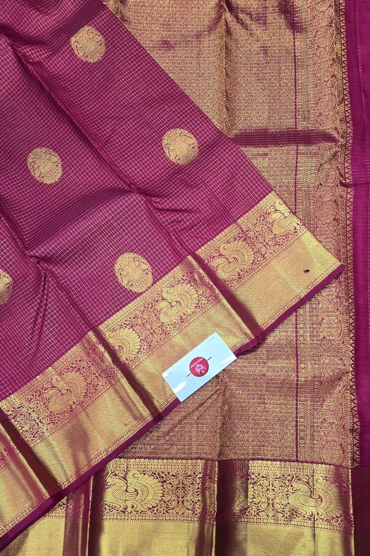 Dark Scarlet Checked Kanchipuram Silk Saree – Bold & Traditional