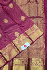Dark Scarlet Checked Kanchipuram Silk Saree – Bold & Traditional