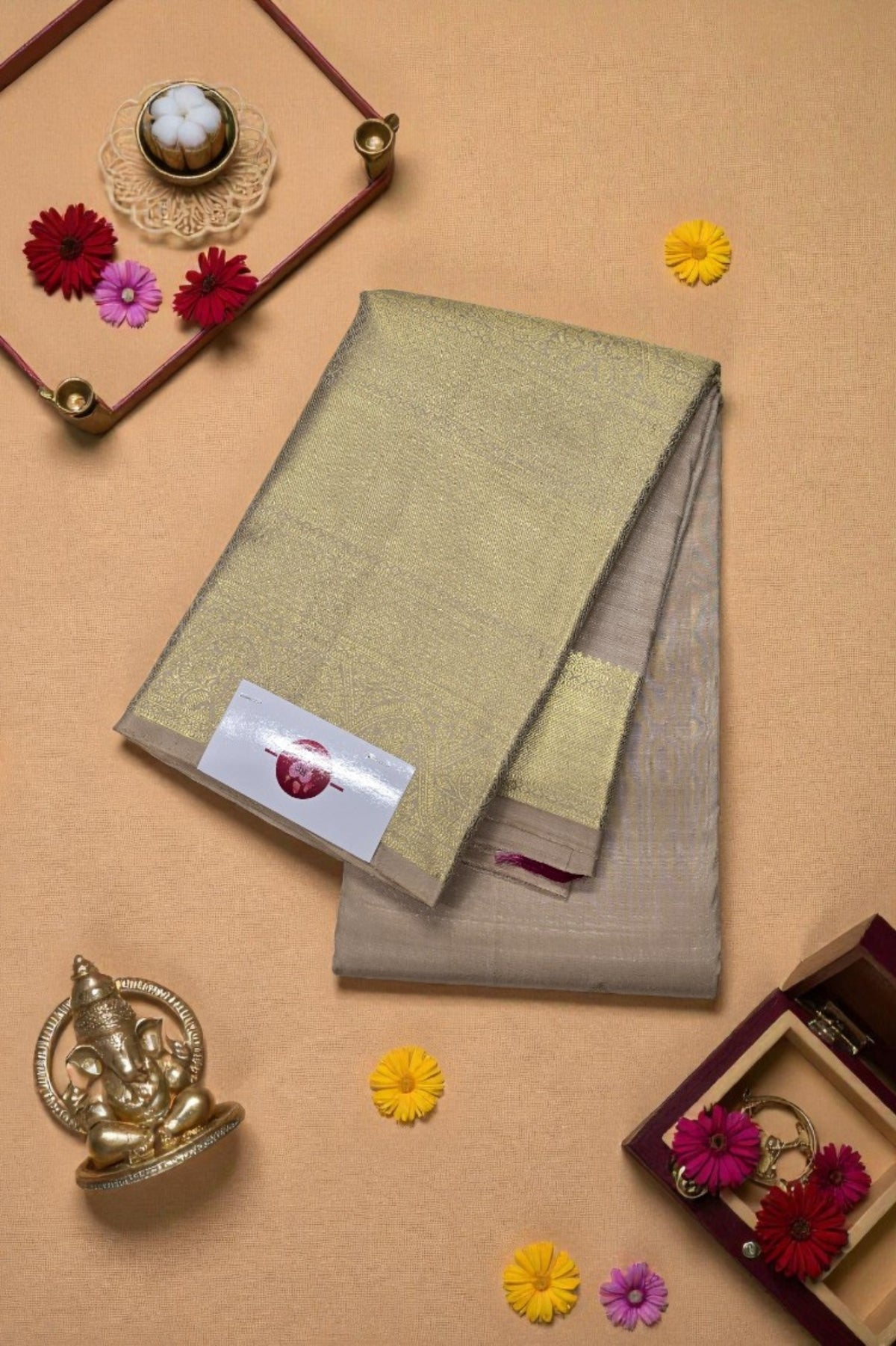 Beige Kanchipuram Silk Saree with Maroon Pallu – Classic & Timeless