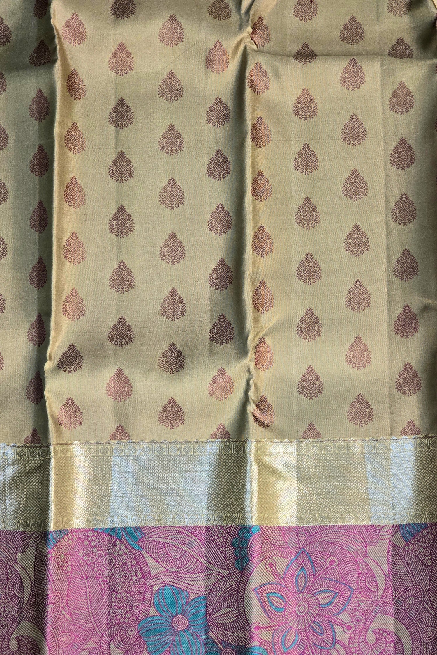 Light Yellow Floral Kanchipuram Silk Saree with Hot Maroon Border