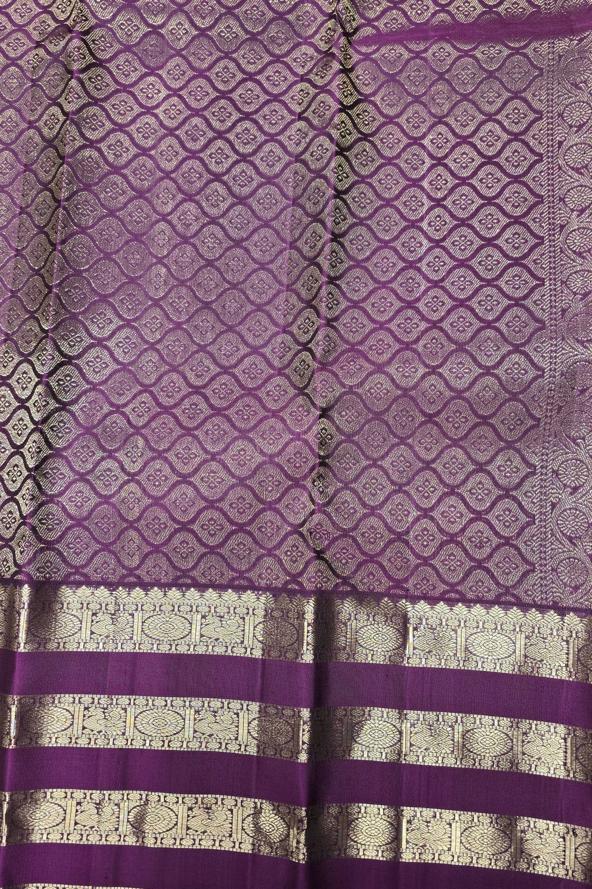 Grey Kanchipuram Silk Saree with Purple and Gold Striped Border