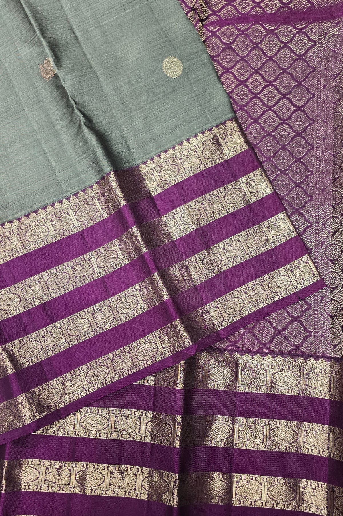 Grey Kanchipuram Silk Saree with Purple and Gold Striped Border