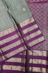 Grey Kanchipuram Silk Saree with Purple and Gold Striped Border