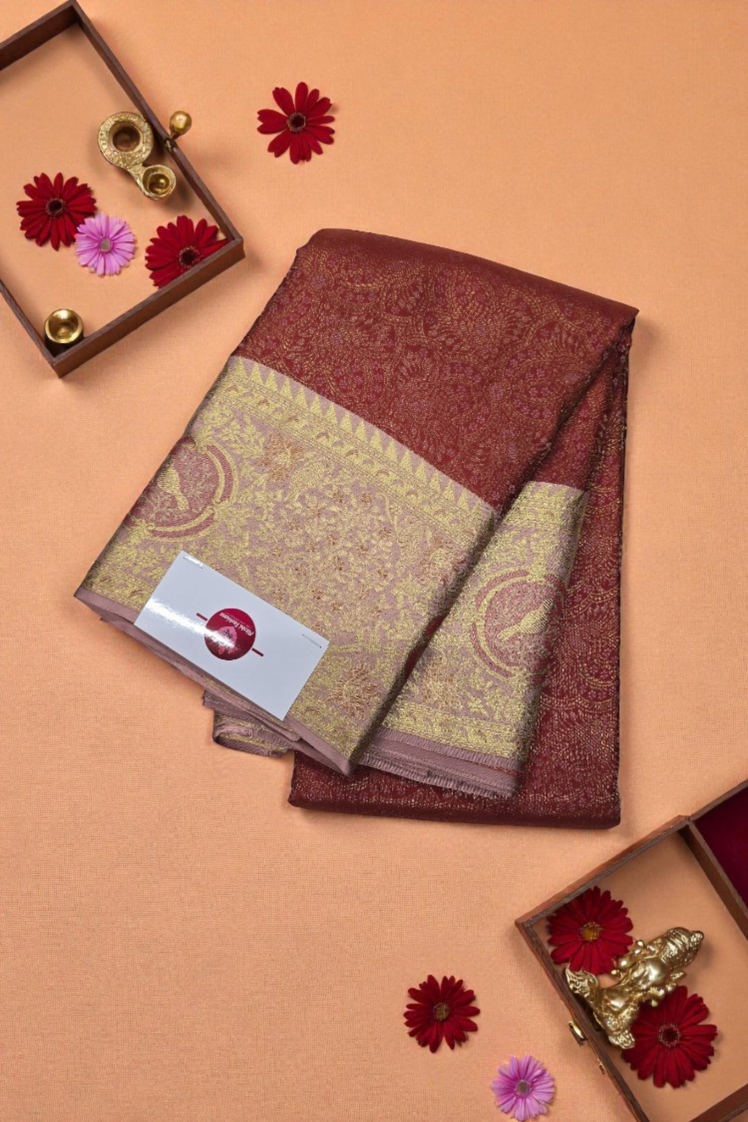 Coffee Brown Kanchipuram Silk Saree with Grey Border – Warm & Sophisticated