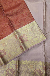 Coffee Brown Kanchipuram Silk Saree with Grey Border – Warm & Sophisticated