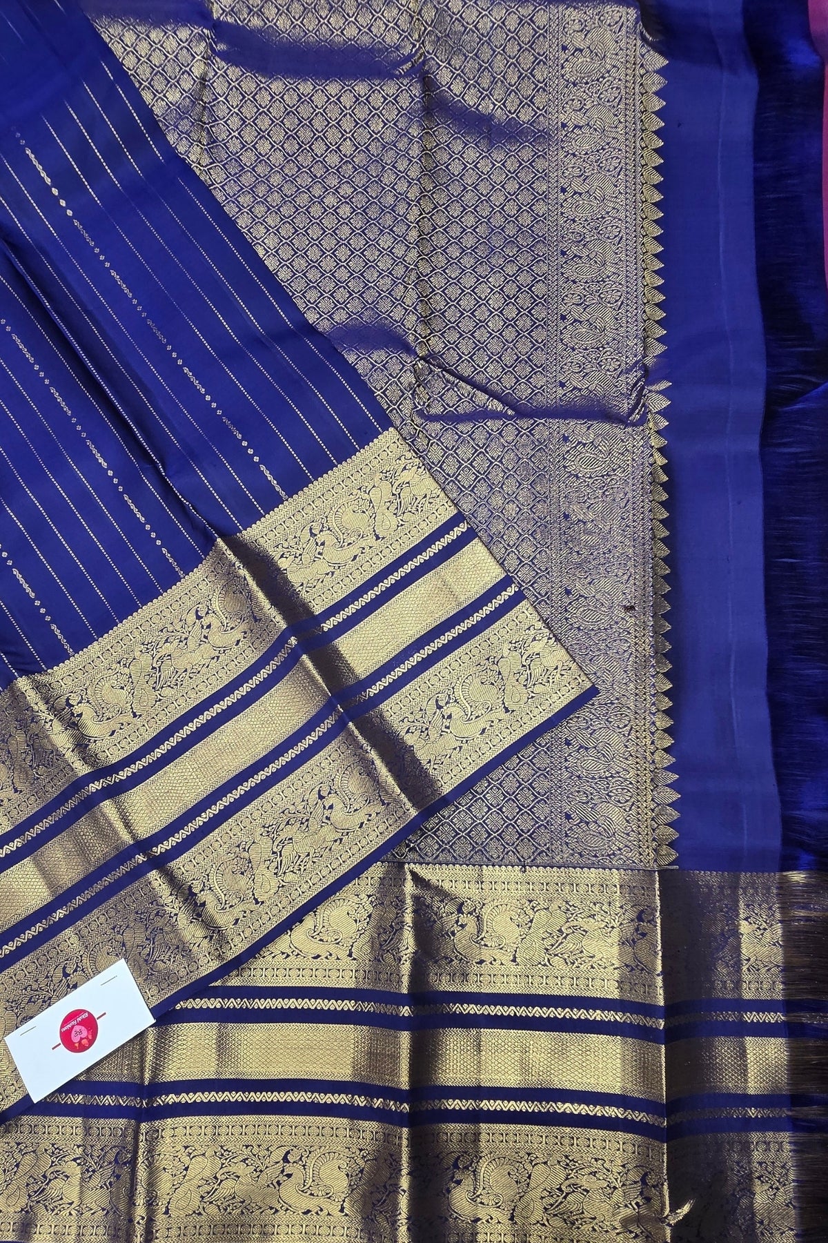 Blue Kanchipuram Silk Saree with Intricate Patterned Stripes – Traditional & Artistic