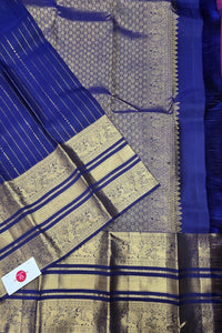 Blue Kanchipuram Silk Saree with Intricate Patterned Stripes – Traditional & Artistic