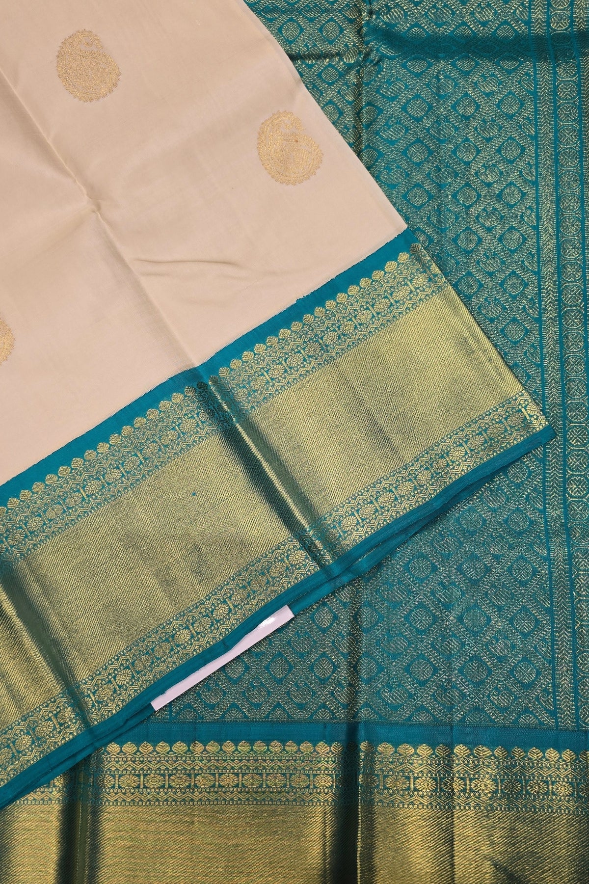 Pale Silver Kanchipuram Silk Saree with Blue Border – Soft & Refined
