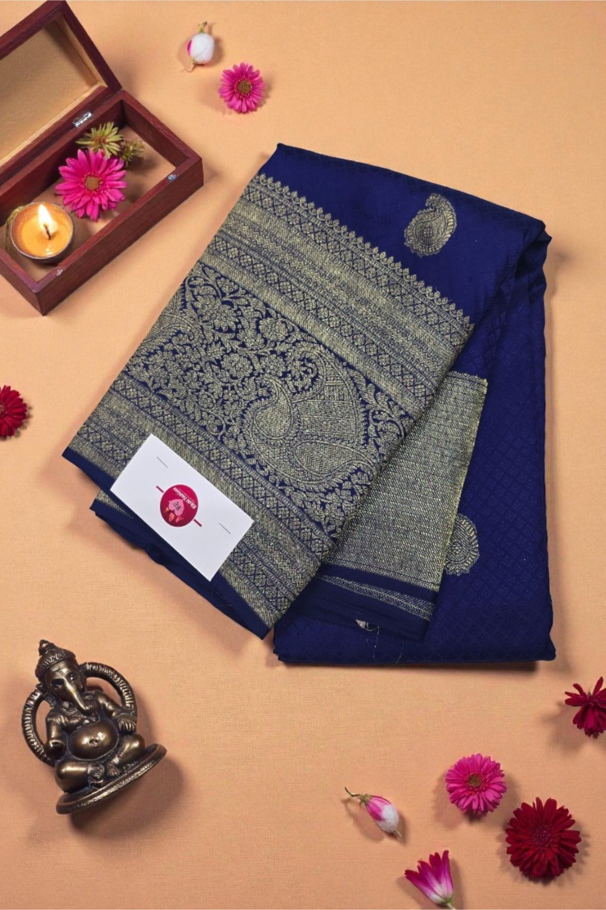 Blue Kanchipuram Silk Saree with Golden Pattern – Graceful & Festive