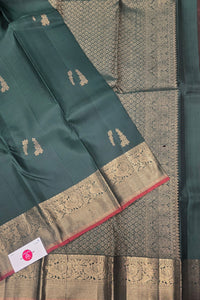 Teal saree with gold border and a visible brand label.