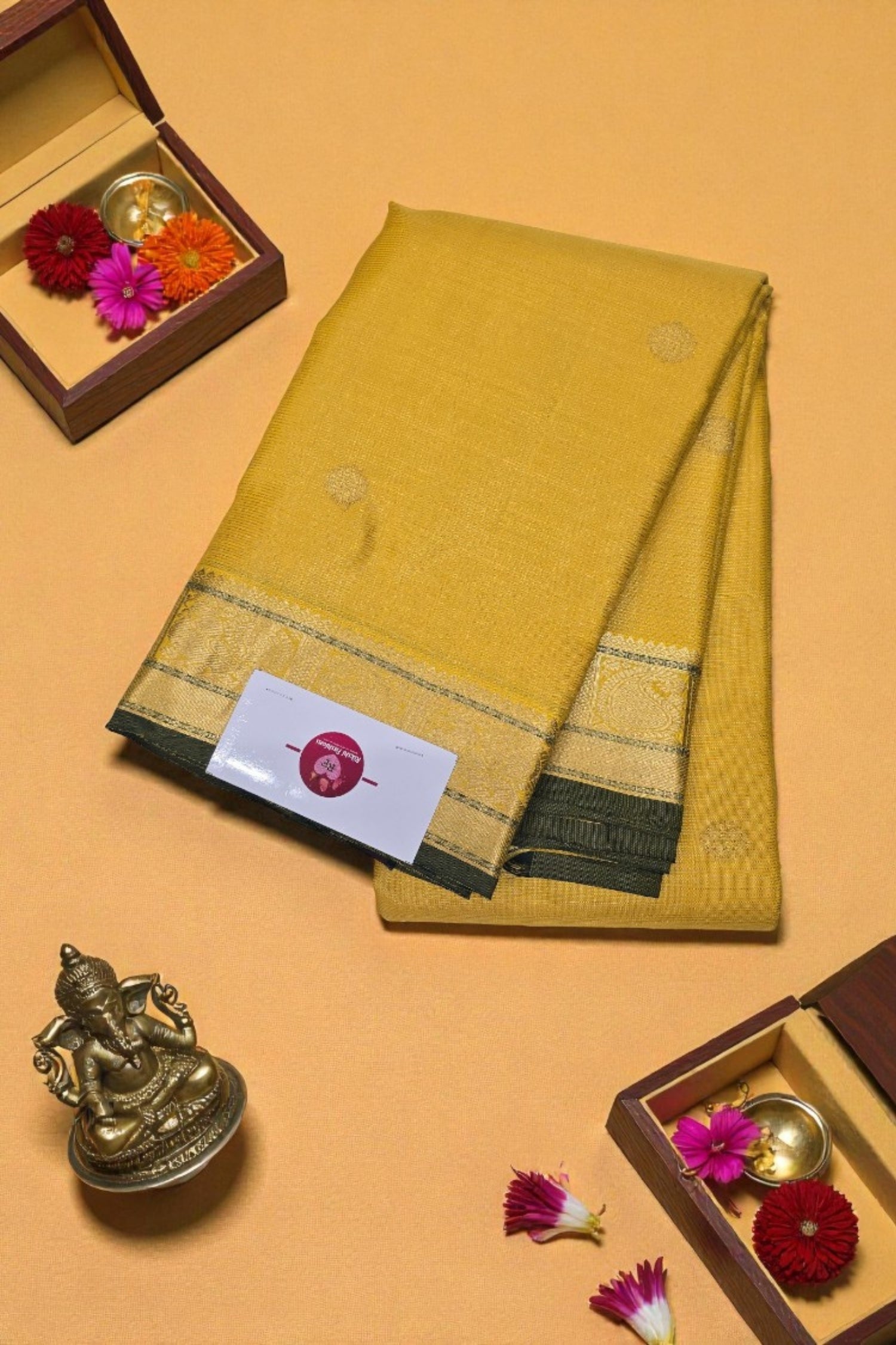 Yellow Kanchipuram Silk Saree with Grey Pallu – Bright & Graceful