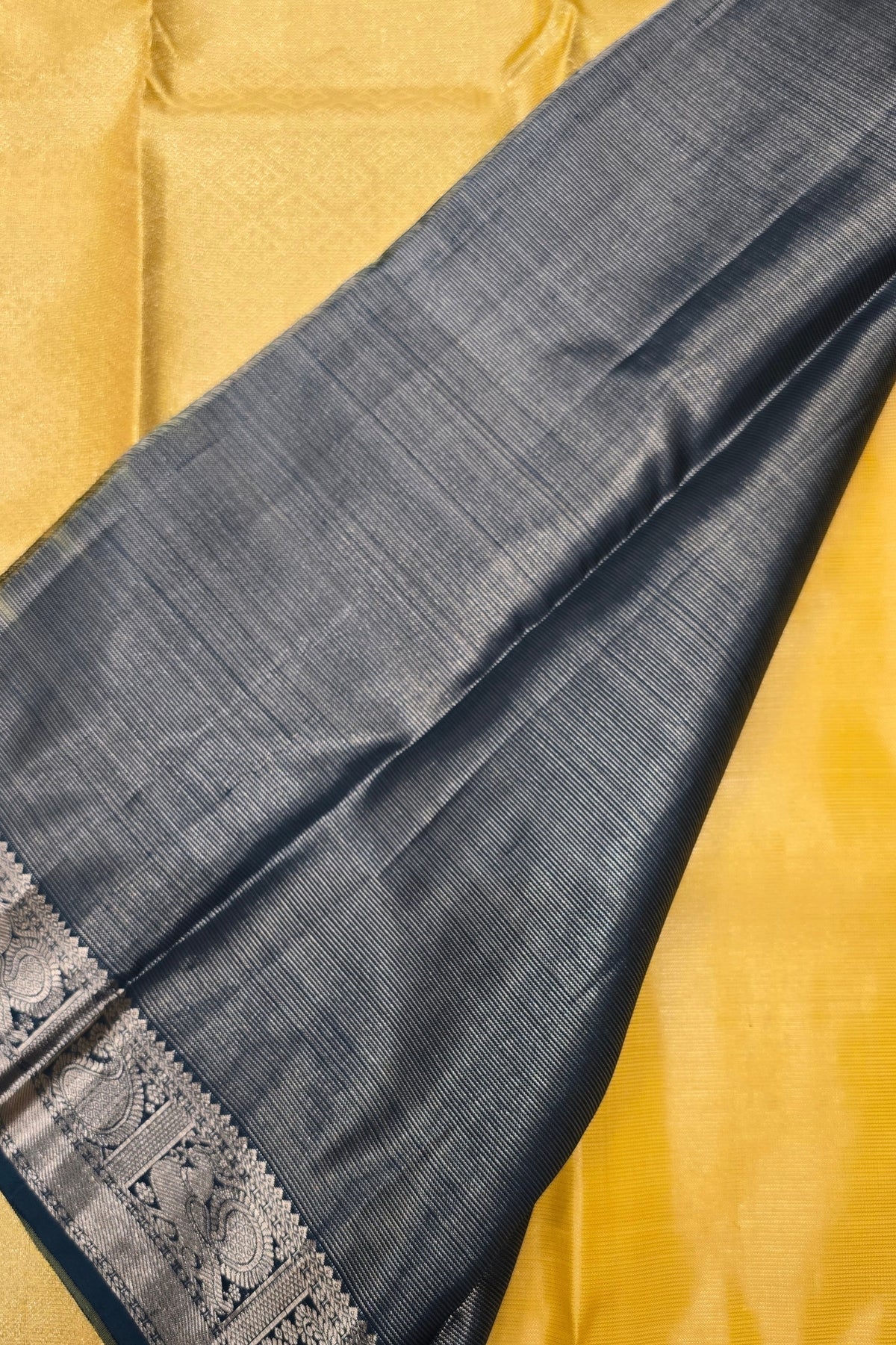 Yellow Kanchipuram Silk Saree with Grey Pallu – Bright & Graceful