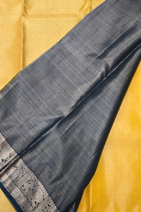 Yellow Kanchipuram Silk Saree with Grey Pallu – Bright & Graceful