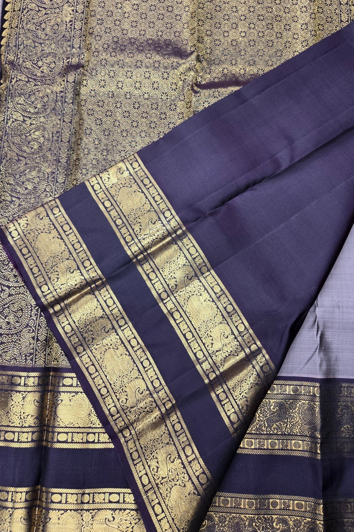Purple Taupe Kanchipuram Silk Saree with Smoky Black Border