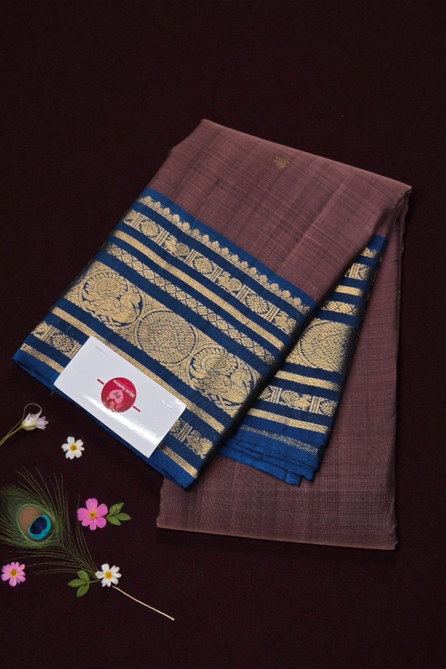 Rose Ebony Kanchipuram Silk Saree with Persian Blue Border