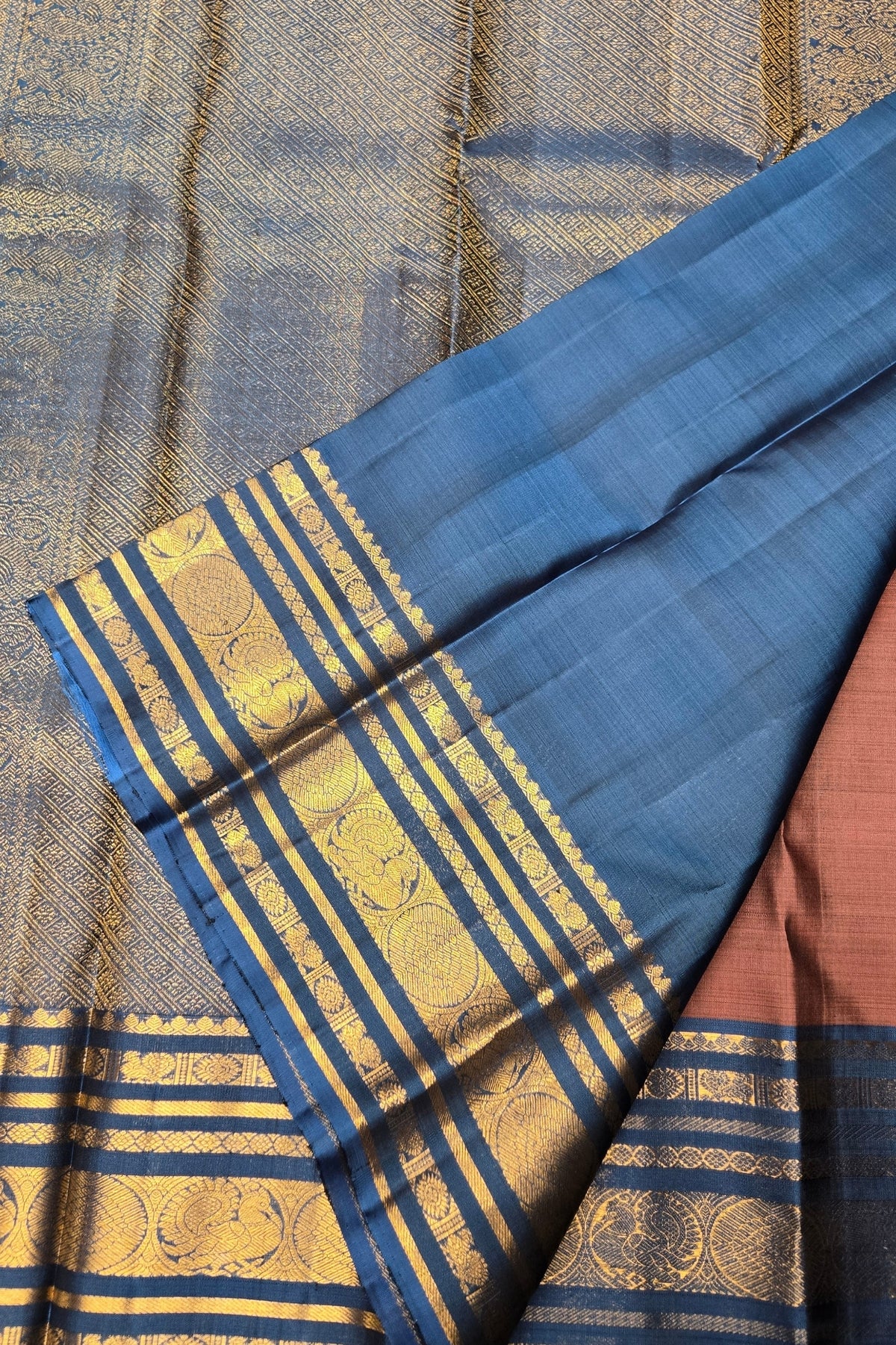 Rose Ebony Kanchipuram Silk Saree with Persian Blue Border
