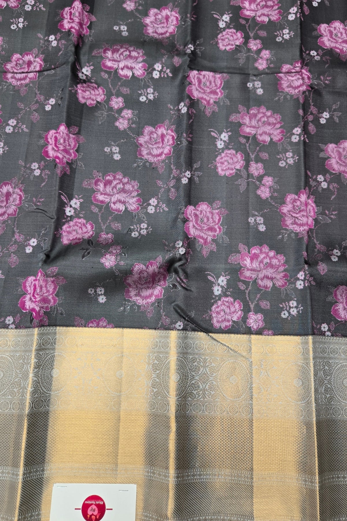 Charcoal Black Saree with Purple Floral Design