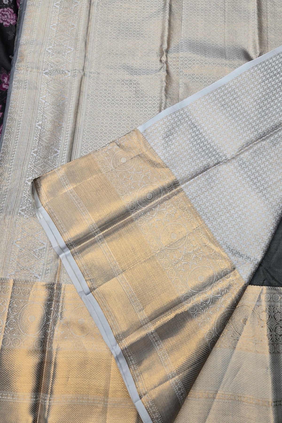 Charcoal Black Saree with Purple Floral Design