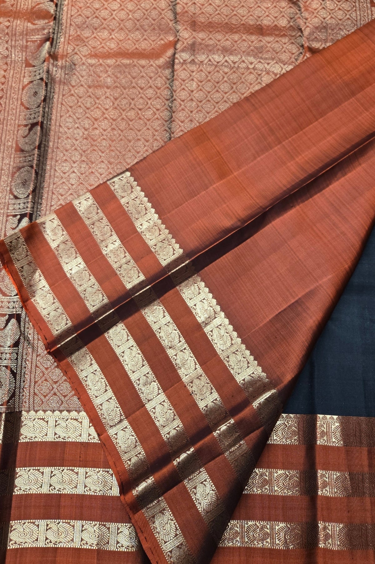 Black Striped Pattern Saree with Brown and Gold Border