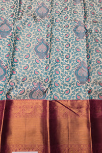 Patterned fabric with a visible brand logo in the corner