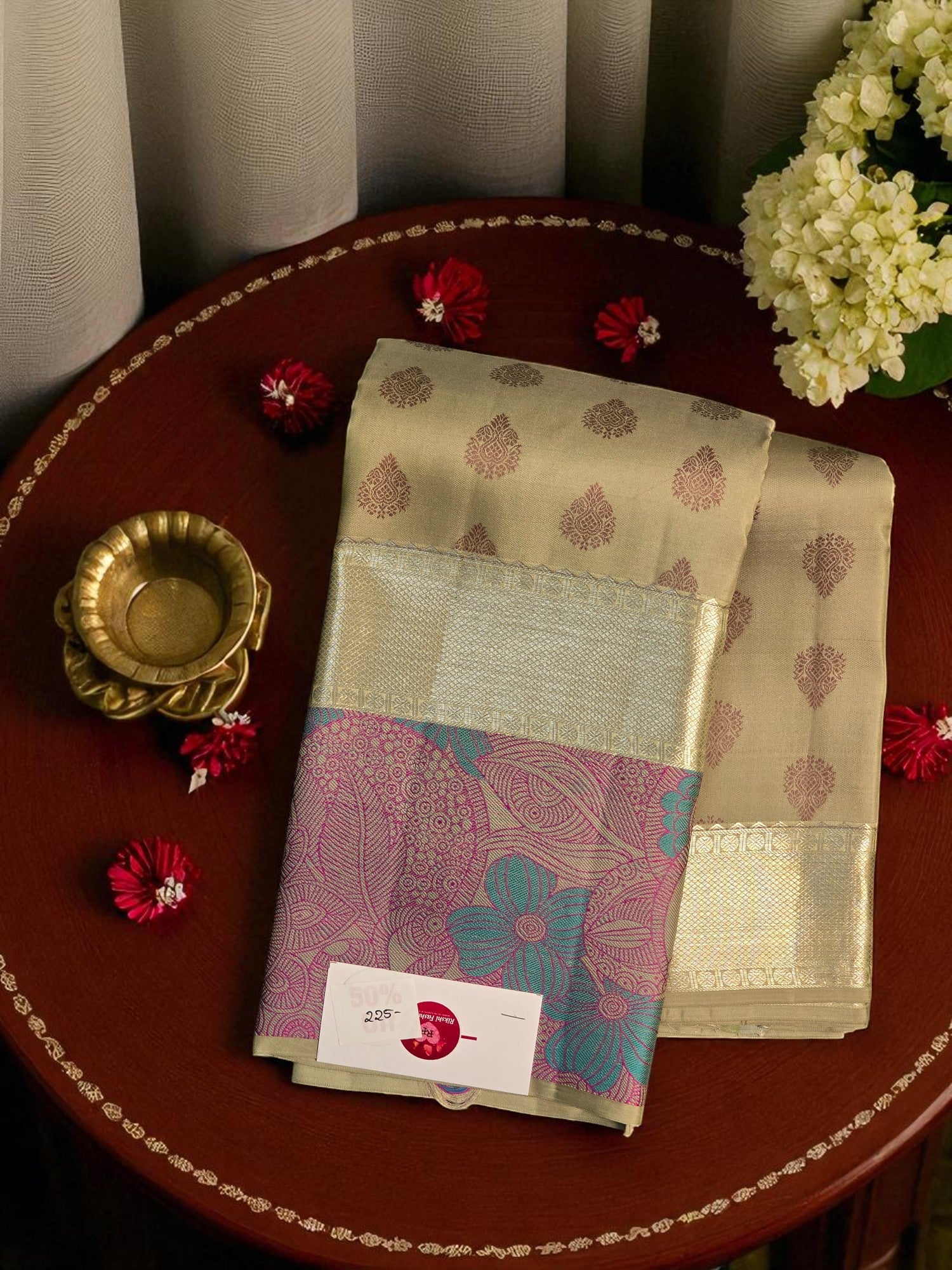 Light Yellow Floral Kanchipuram Silk Saree with Hot Maroon Border