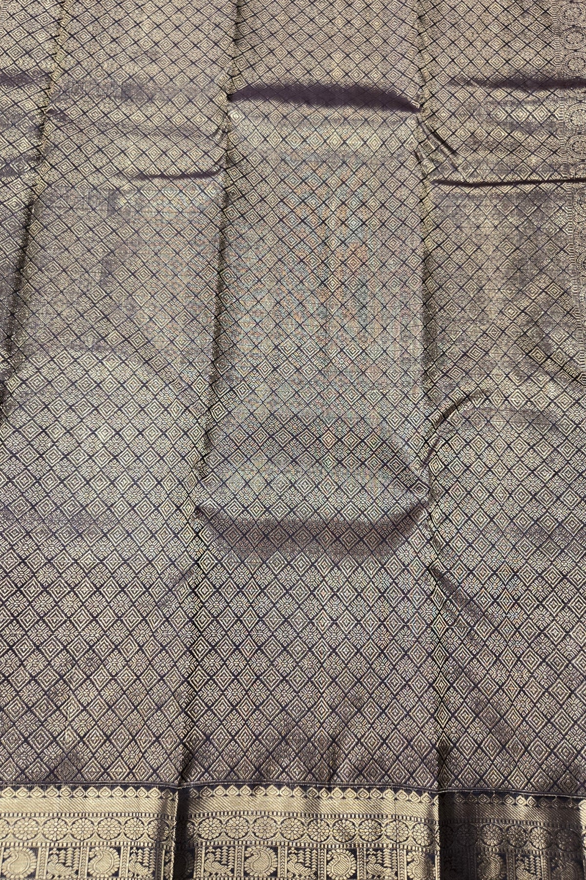 Grey Grid Pattern Kanchipuram Silk Saree with Gold Border