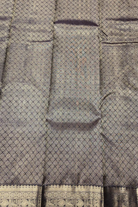 Grey Grid Pattern Kanchipuram Silk Saree with Gold Border