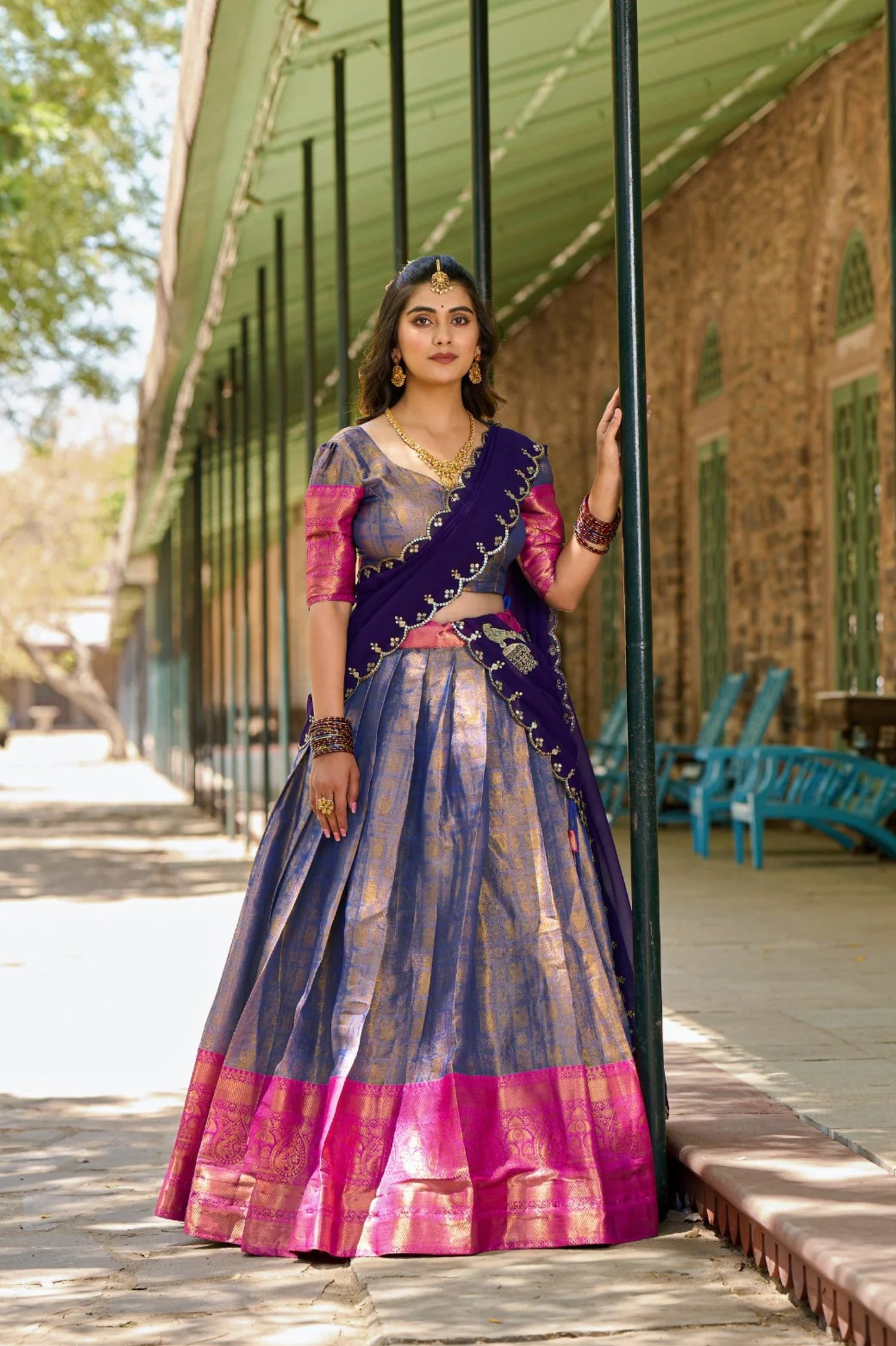 Kanjivaram silk in this regal lehenga choli in Blue Color