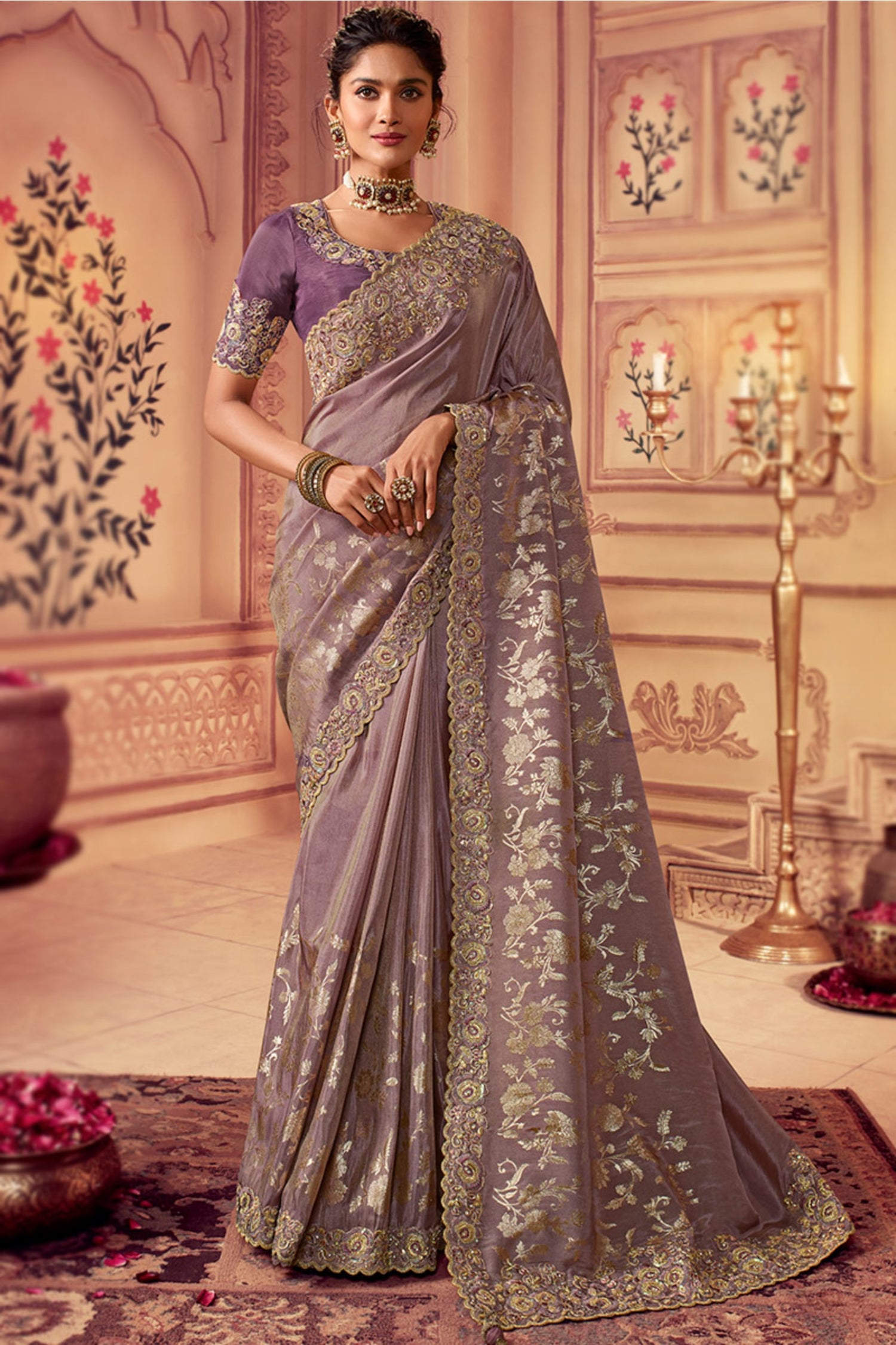 Light Purple Silk Embroidered Saree