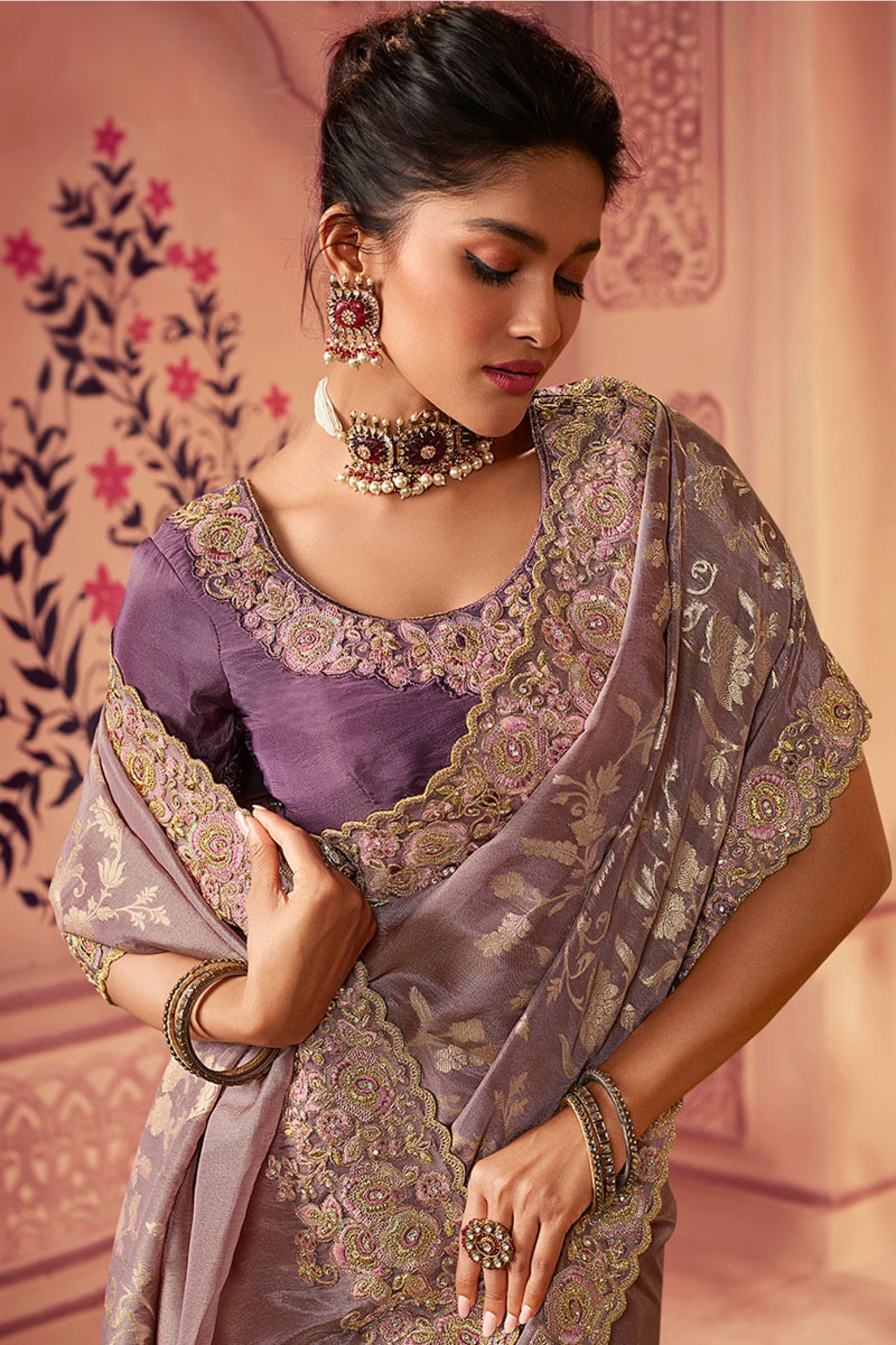 Light Purple Silk Embroidered Saree