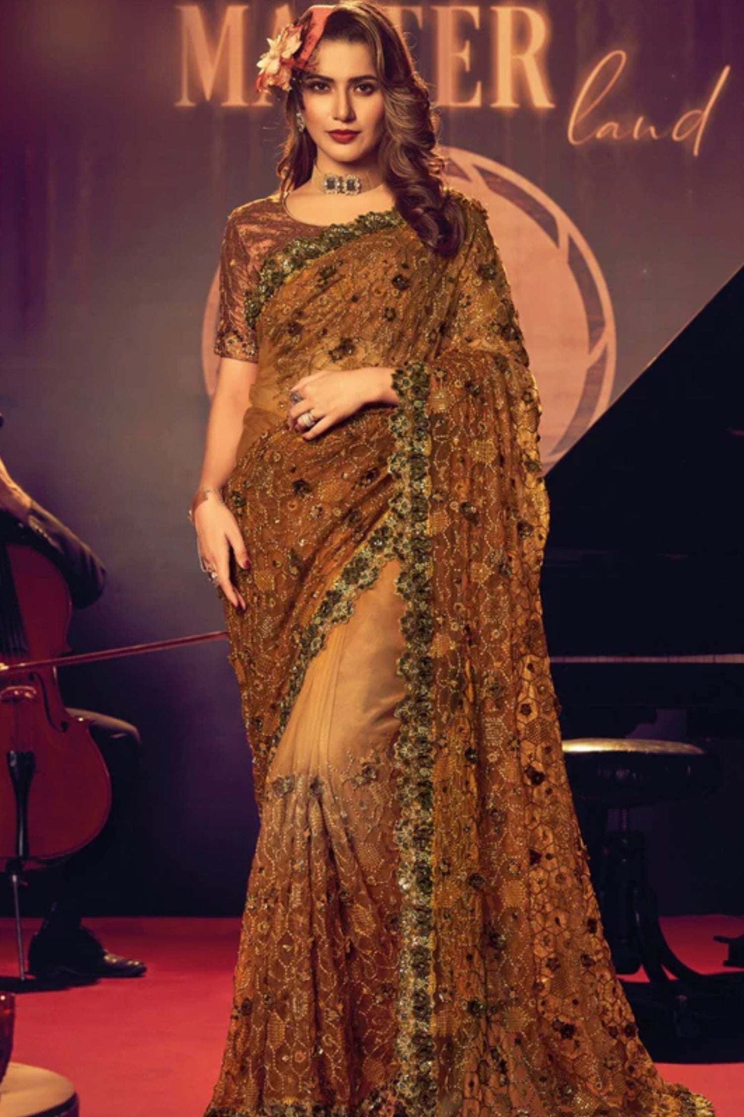 Mustard Designer Net Saree