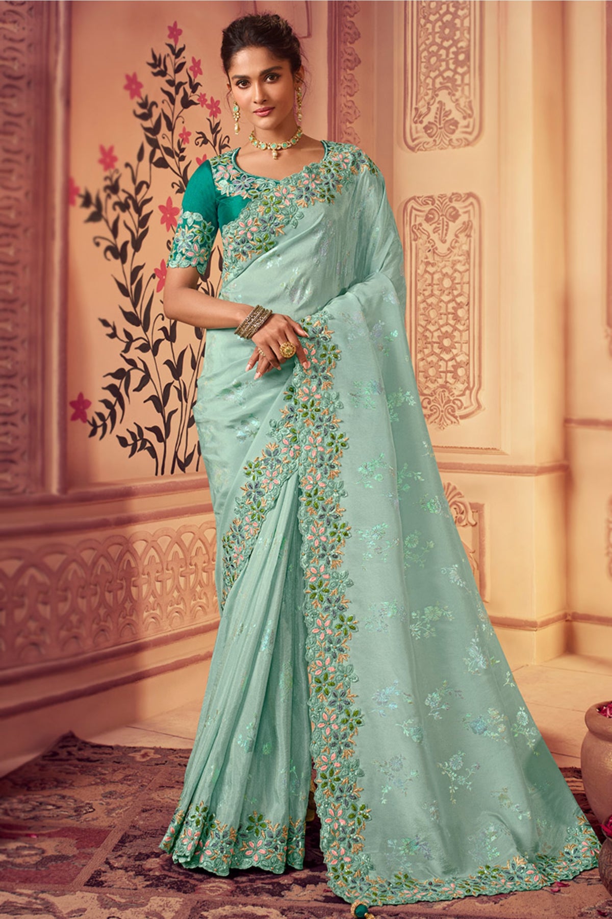 Mint Blue Silk Embroidered Saree