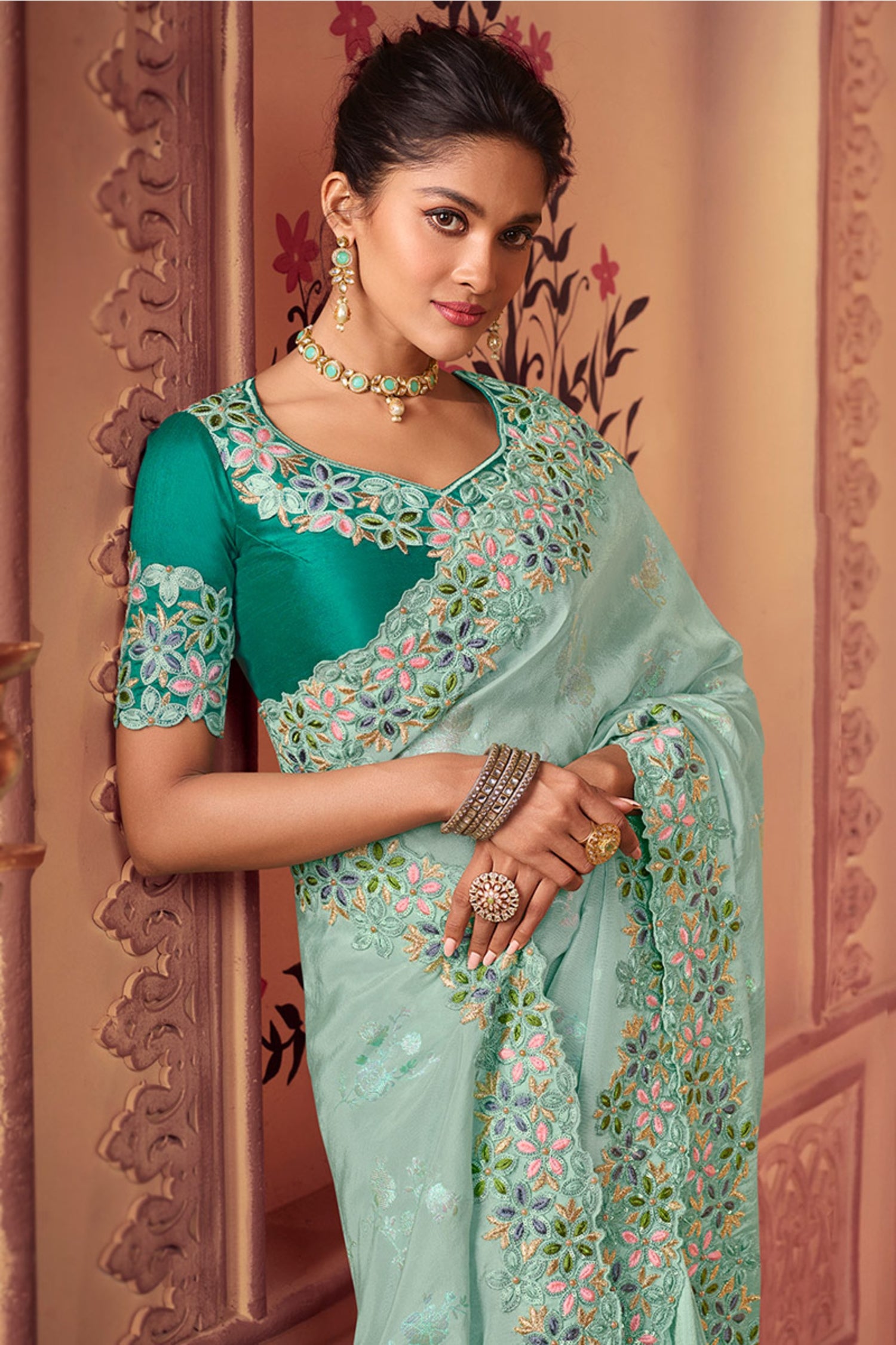 Mint Blue Silk Embroidered Saree