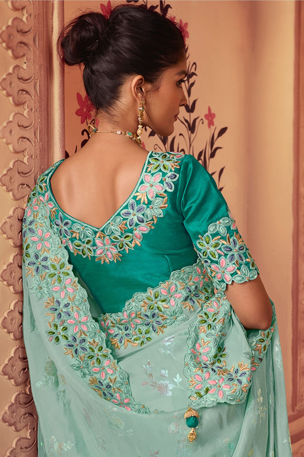 Mint Blue Silk Embroidered Saree