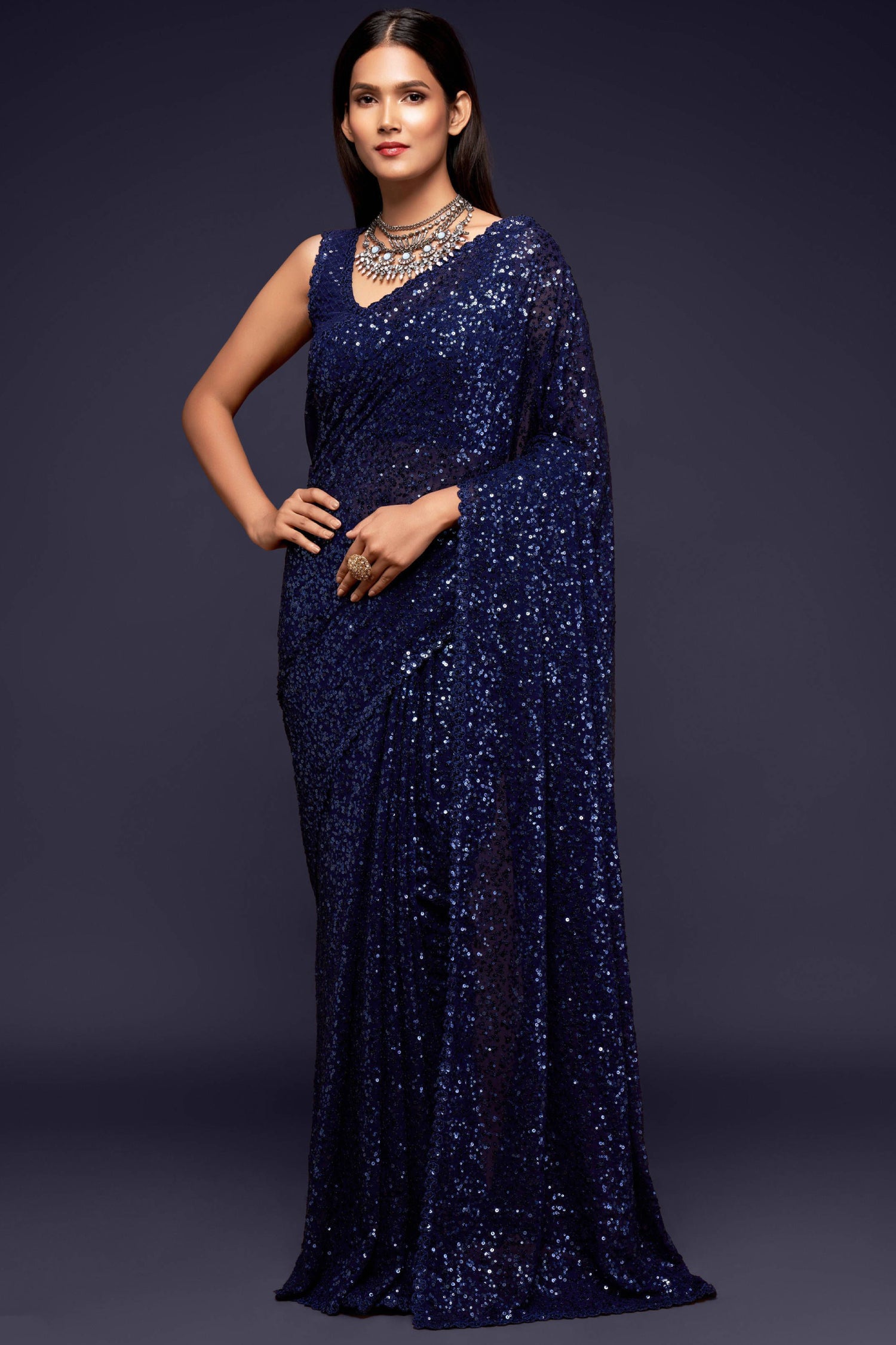 Navy Blue Sequin Embellished Georgette Party Wear Saree