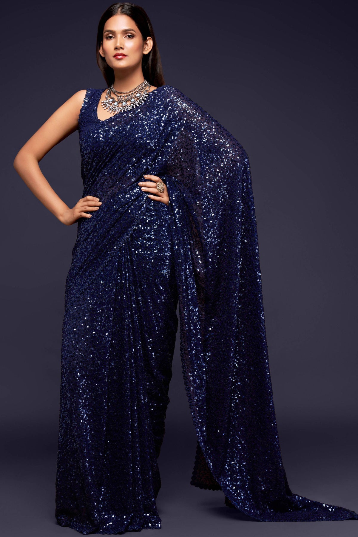 Navy Blue Sequin Embellished Georgette Party Wear Saree