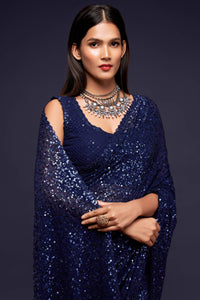 Navy Blue Sequin Embellished Georgette Party Wear Saree