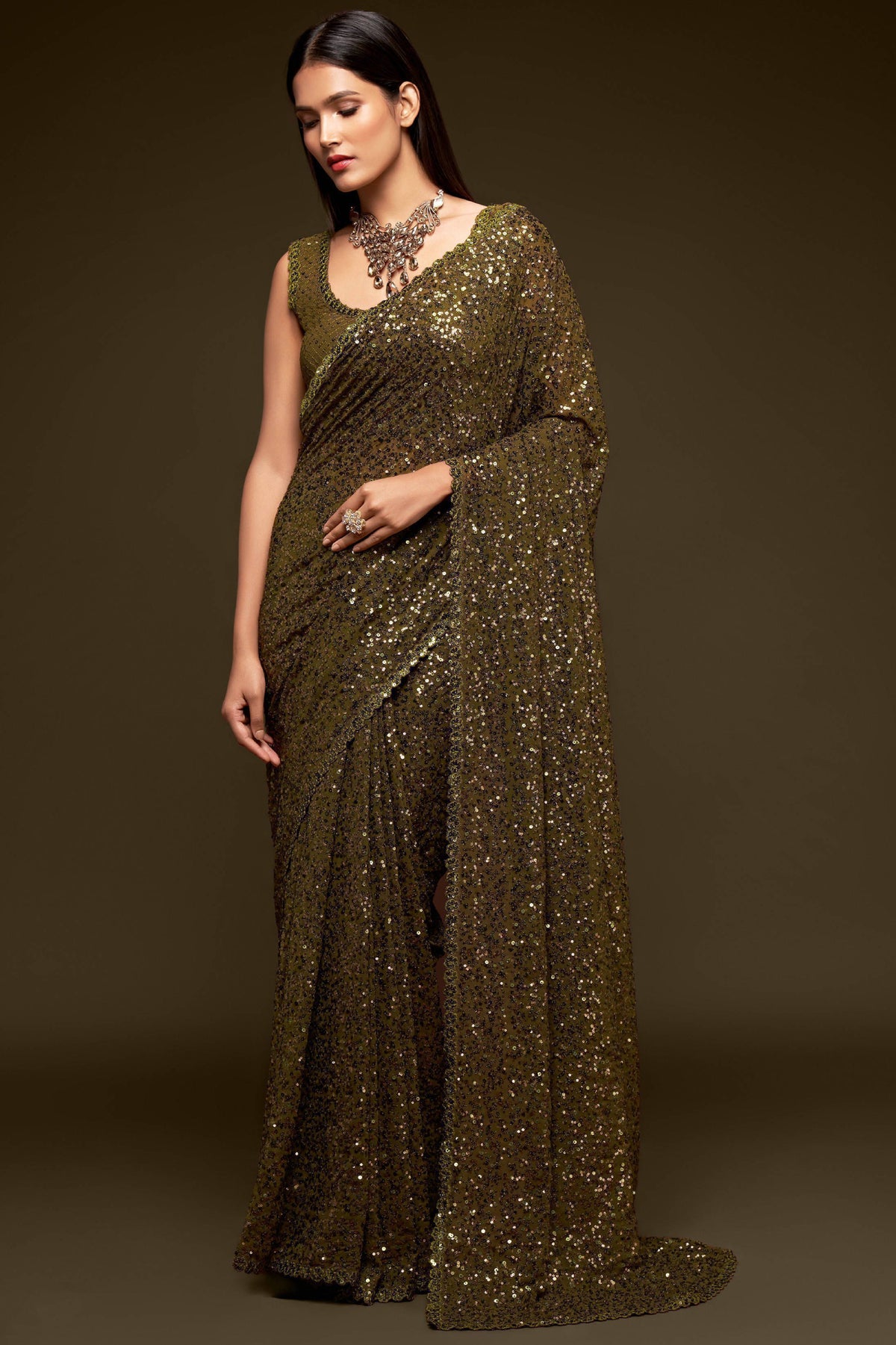 Olive Green Sequin Embellished Georgette Party Wear Saree