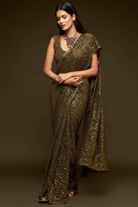 Olive Green Sequin Embellished Georgette Party Wear Saree