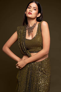 Olive Green Sequin Embellished Georgette Party Wear Saree