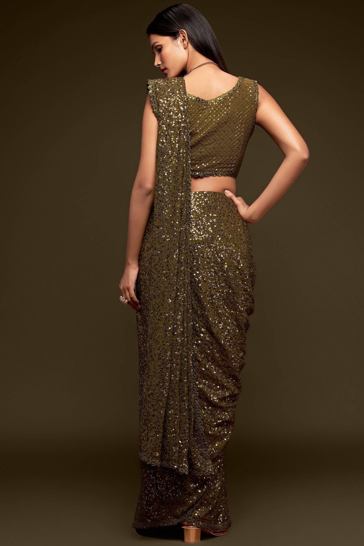 Olive Green Sequin Embellished Georgette Party Wear Saree