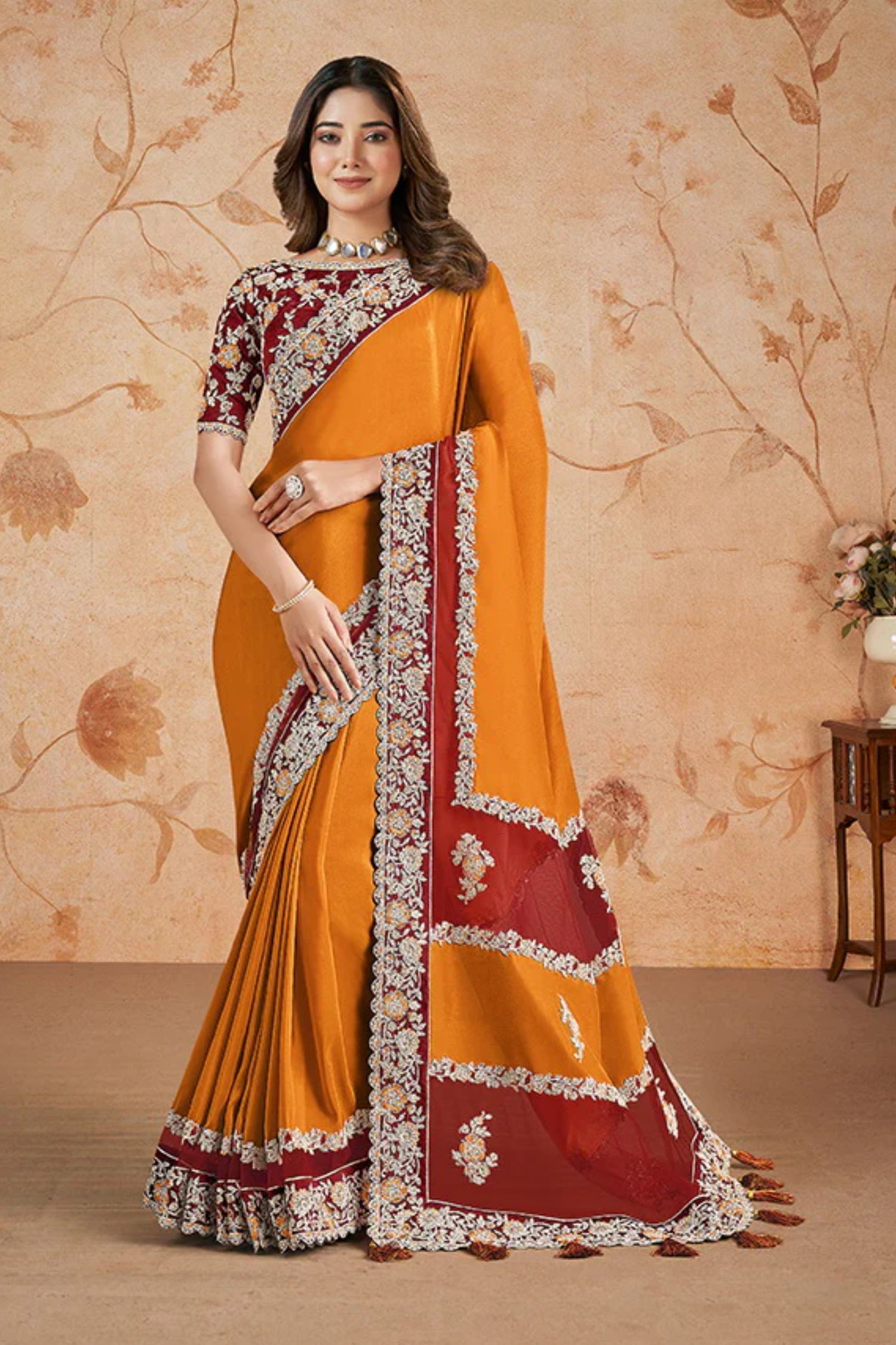 Orange Georgette Silk Embroidered Saree